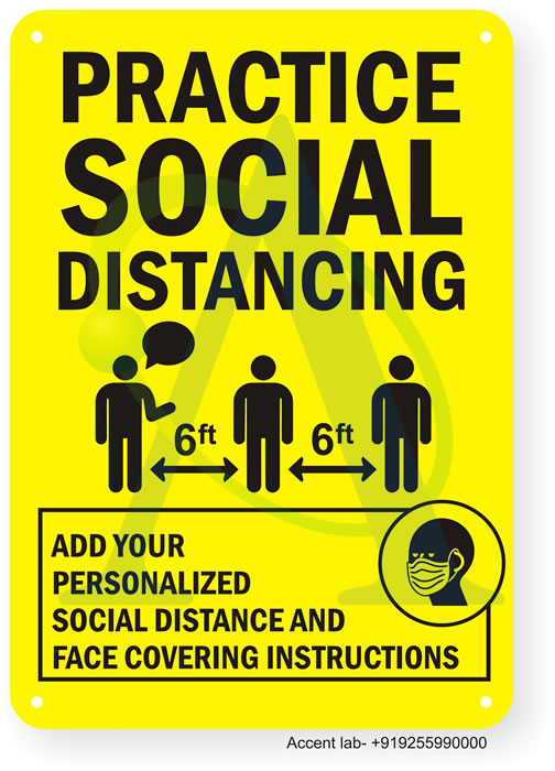 Social Distancing Sign: Practice Social Distancing - Face Covering Or Mask Is Required For All Visitors When Entering